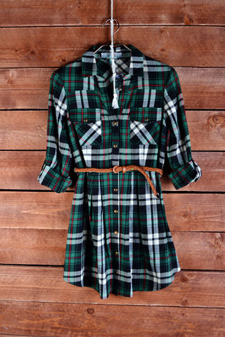 Plaid Belted Dress-Green