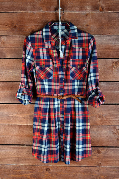 Plaid Belted Dress-Red