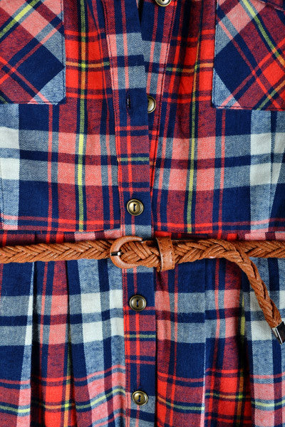 Plaid Belted Dress-Red