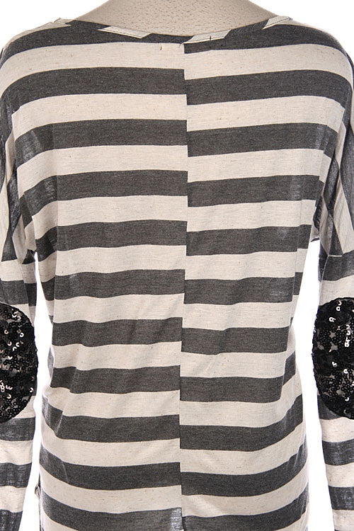 Sequin Elbow Patch Striped Top