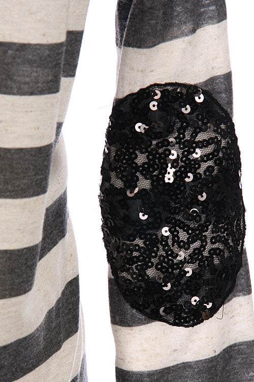 Sequin Elbow Patch Striped Top