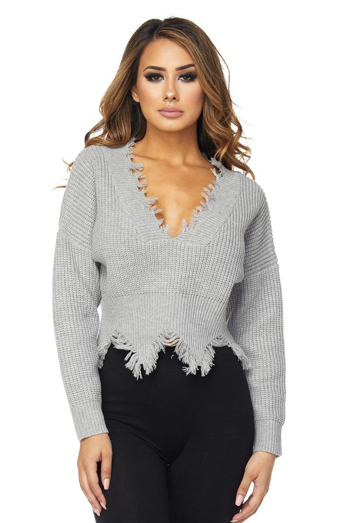 DEEP V-NECK DISTRESSED SWEATER TOP-GREY