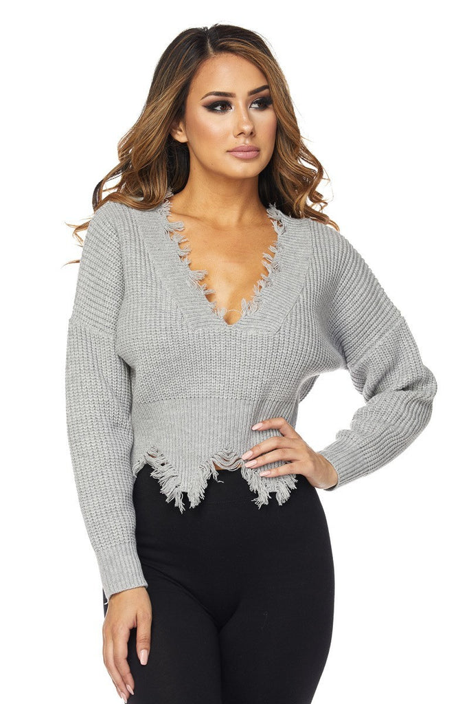 DEEP V-NECK DISTRESSED SWEATER TOP-GREY