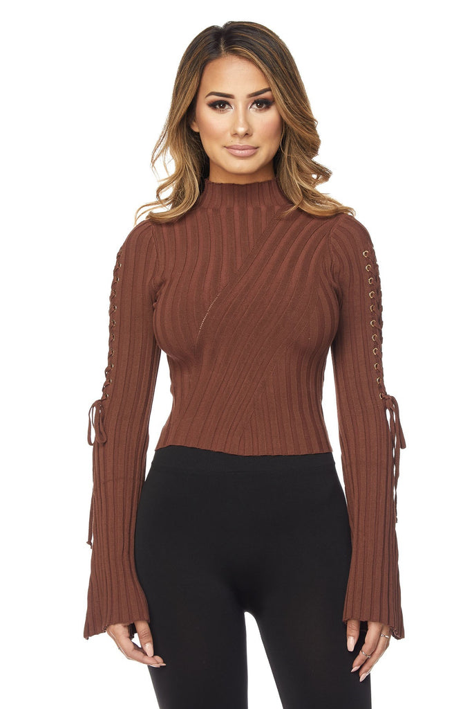 Lace Up Detail Bell Sleeve Top-Brown