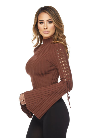 Lace Up Detail Bell Sleeve Top-Brown
