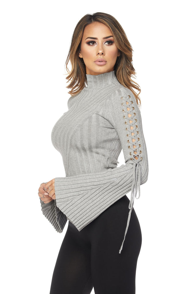 Lace Up Detail Bell Sleeve Top-Grey