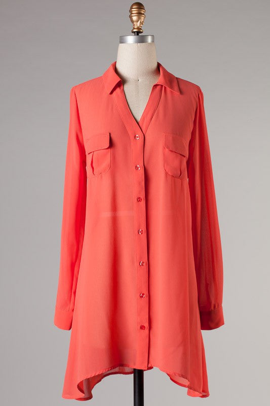 Much To Do Button Up Top-Coral