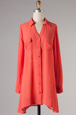 Much To Do Button Up Top-Coral