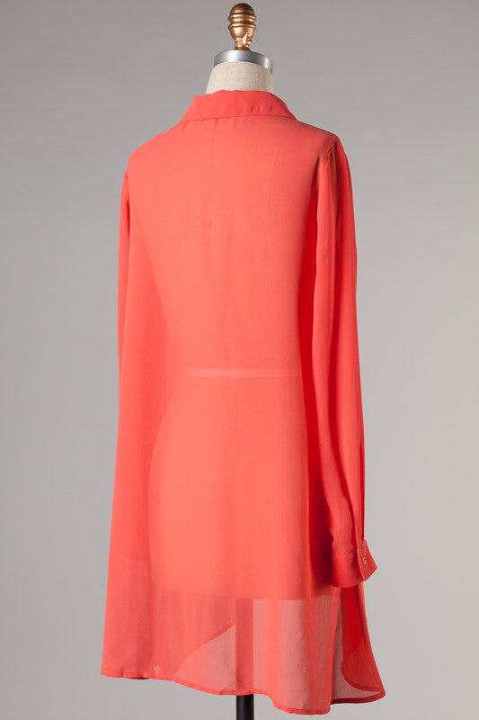 Much To Do Button Up Top-Coral