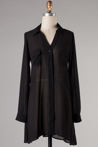 Much To Do Button Up Top-Black