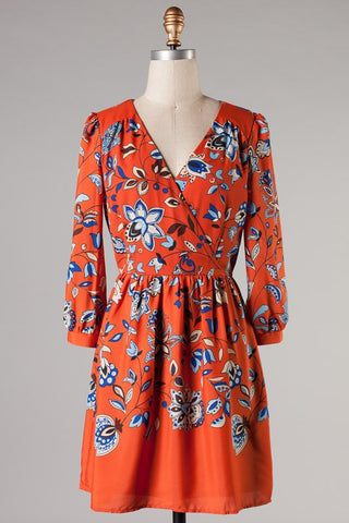 Hello Autumn Floral Print Dress-Rust