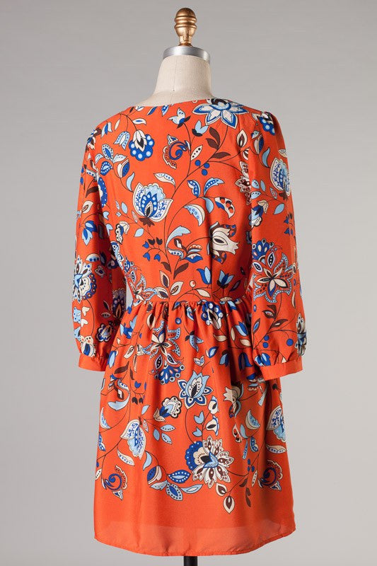 Hello Autumn Floral Print Dress-Rust