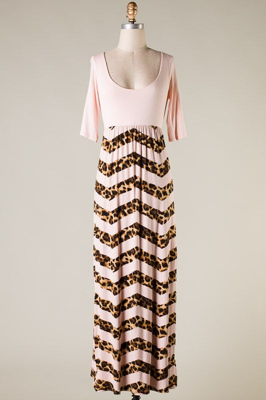 Dusty Pink Chevron Leopard Print Maxi Dress