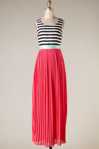 The Seas Striped Pleated Maxi Dress-Coral