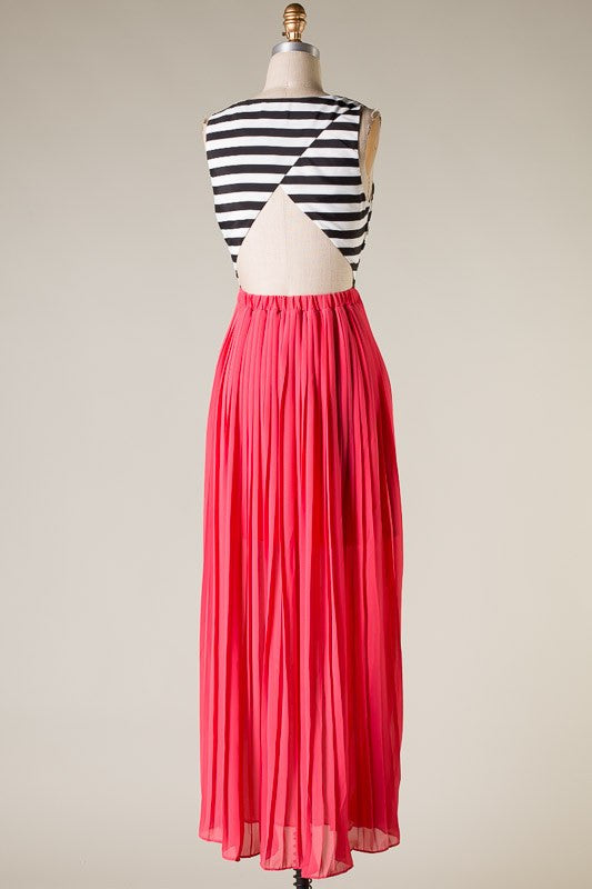 The Seas Striped Pleated Maxi Dress-Coral