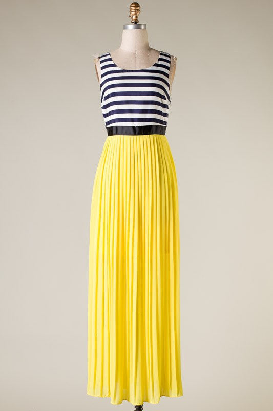 The Seas Striped Pleated Maxi Dress-Yellow