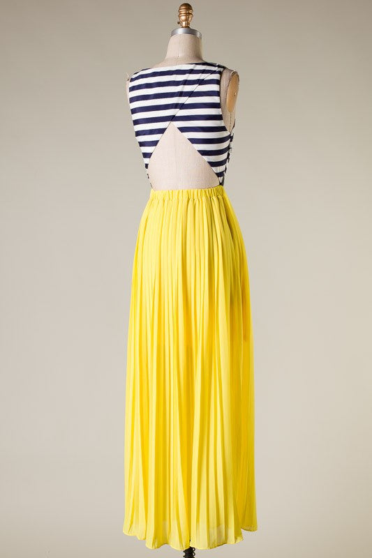 The Seas Striped Pleated Maxi Dress-Yellow