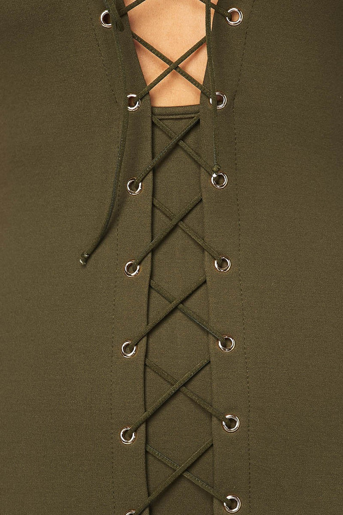 GOOD DEEDS LACE-UP DRESS-OLIVE