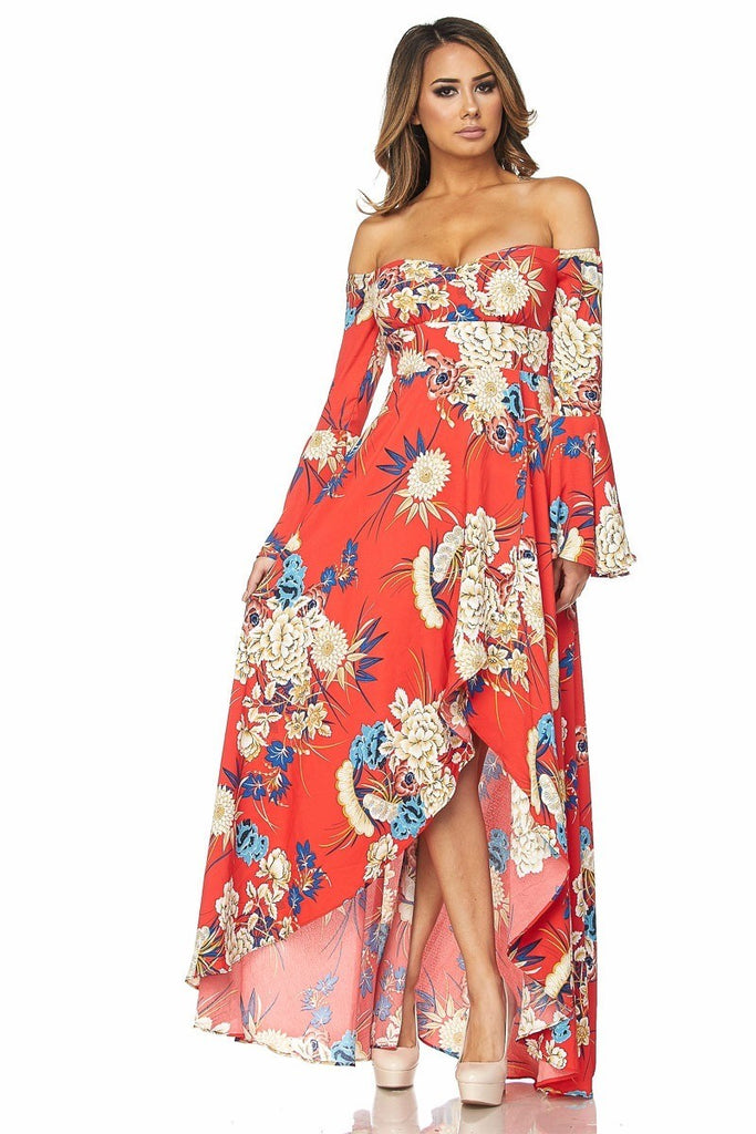 FLORAL OFF THE SHOULDER MAXI DRESS-TAUPE