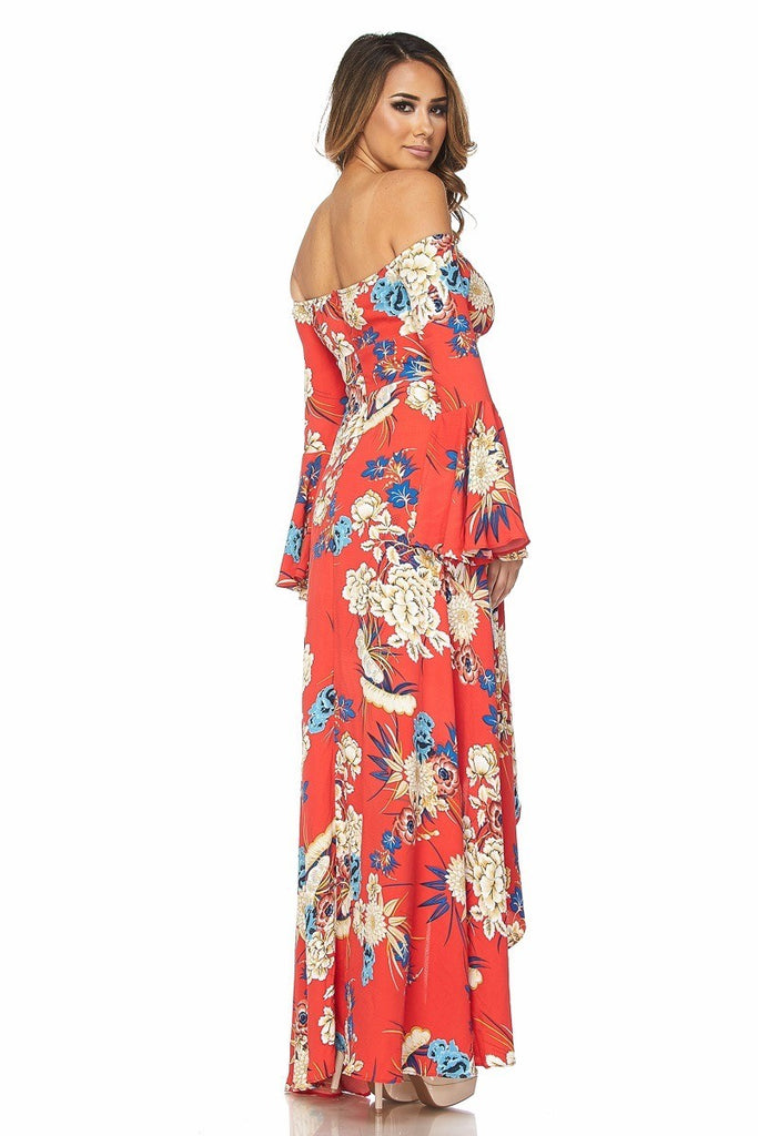 Floral Off The Shoulder Maxi Dress-Red