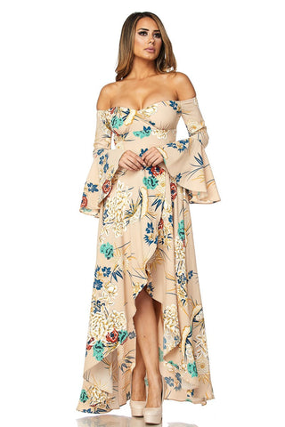 FLORAL OFF THE SHOULDER MAXI DRESS-TAUPE
