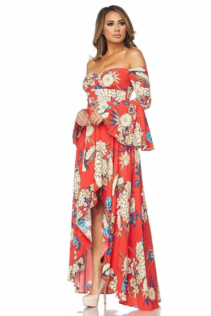 FLORAL OFF THE SHOULDER MAXI DRESS-TAUPE