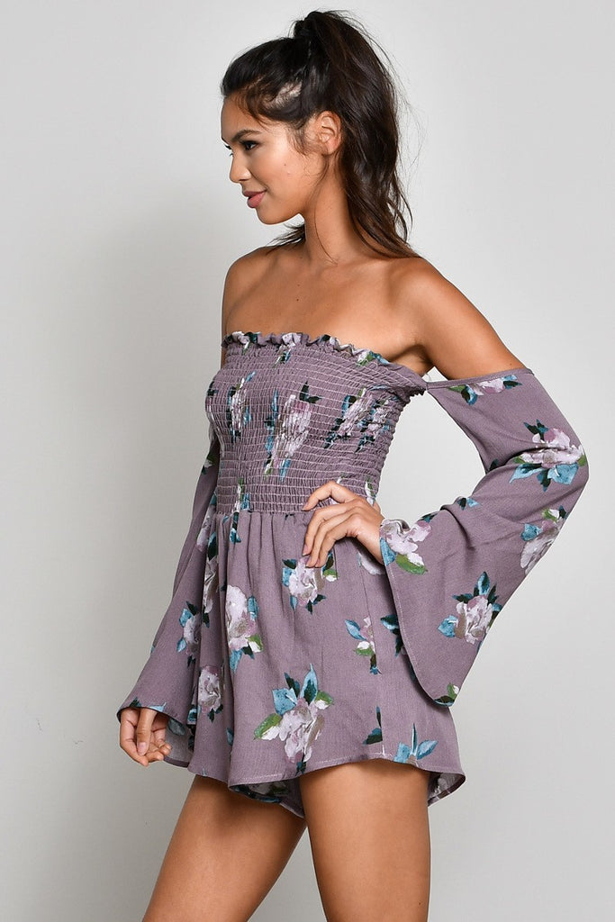 OFF THE SHOULDER FLORAL ROMPER-PLUM