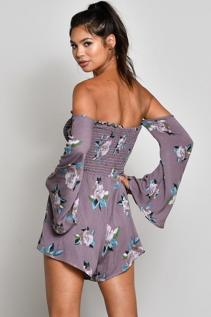 OFF THE SHOULDER FLORAL ROMPER-PLUM