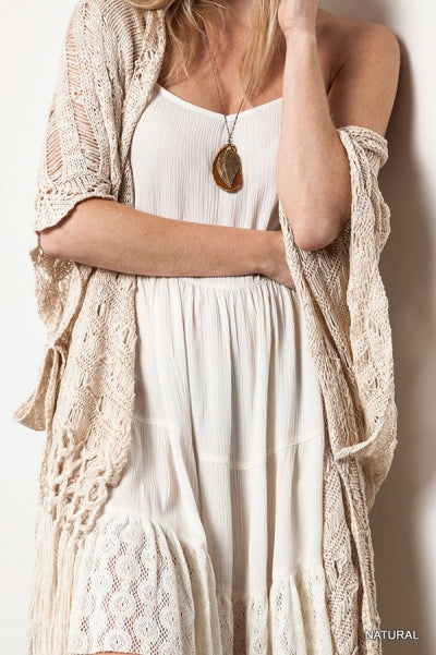 CROCHET KNIT FRINGE CARDIGAN-TAUPE