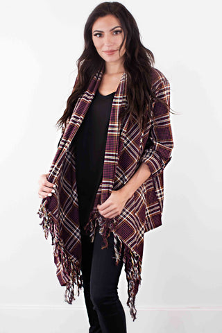 Plaid Cardigan-Burgundy