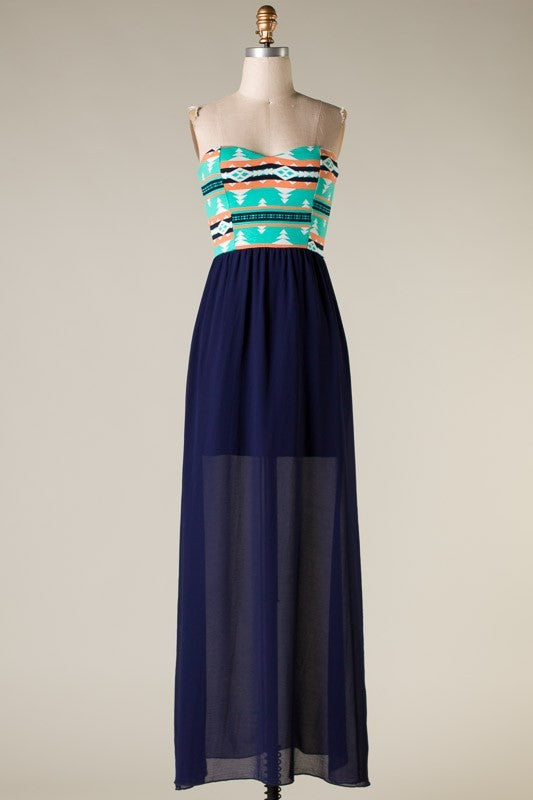 Free Spirit Printed Maxi Dress-Navy