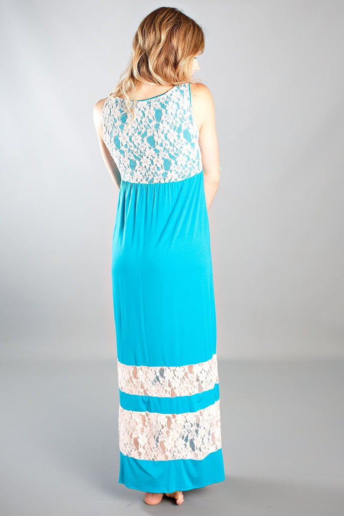 Lace Me Up & Floral Me down Maxi Dress-Turquoise