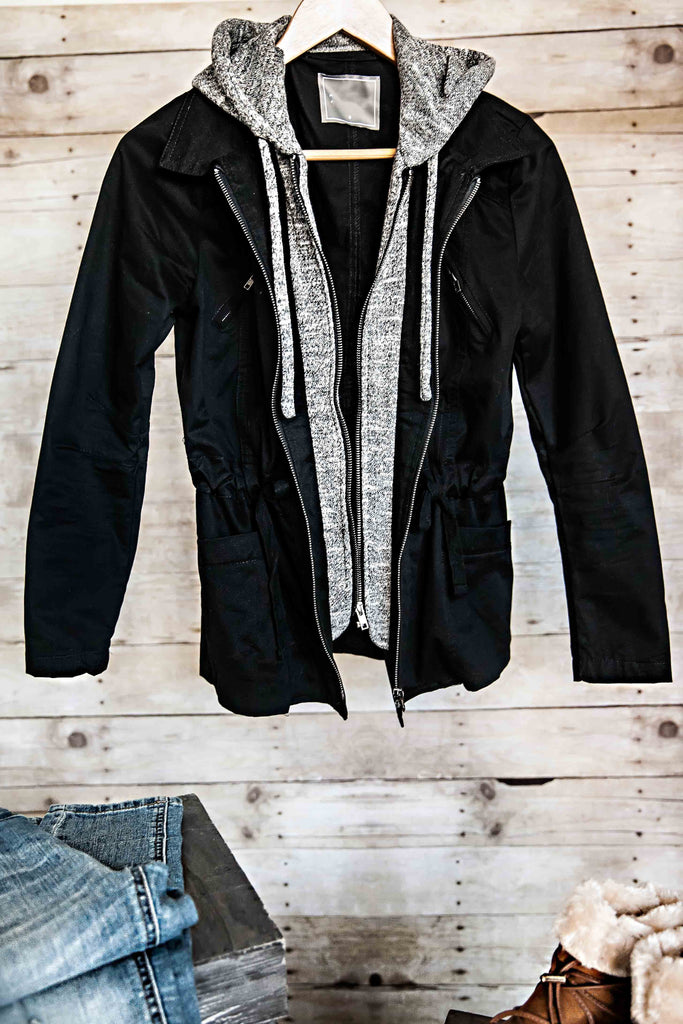 Jacket With Fleece Hoodie-Black