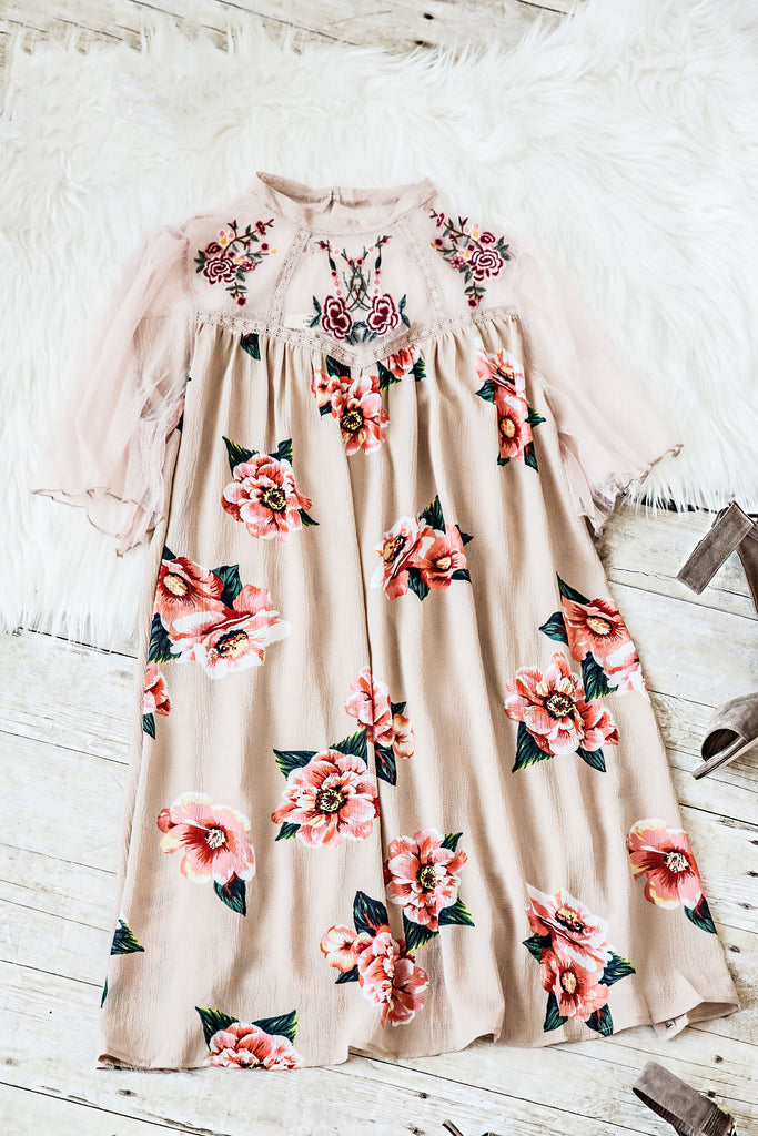 FLORAL PRINT MOCK NECK DRESS-TAUPE
