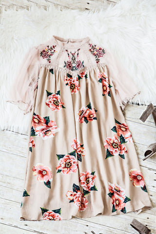 FLORAL PRINT MOCK NECK DRESS-TAUPE