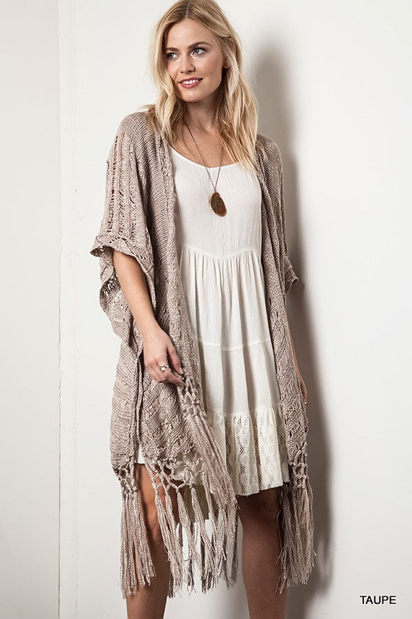 CROCHET KNIT FRINGE CARDIGAN-TAUPE