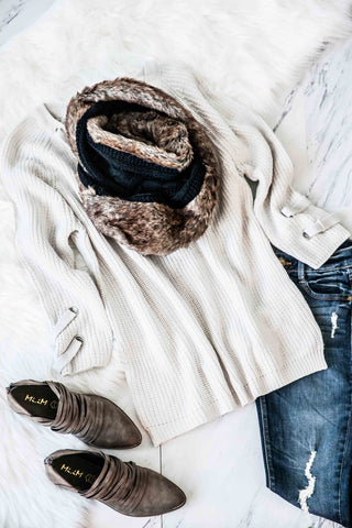 Faux Fur & Knit Scarf- Black