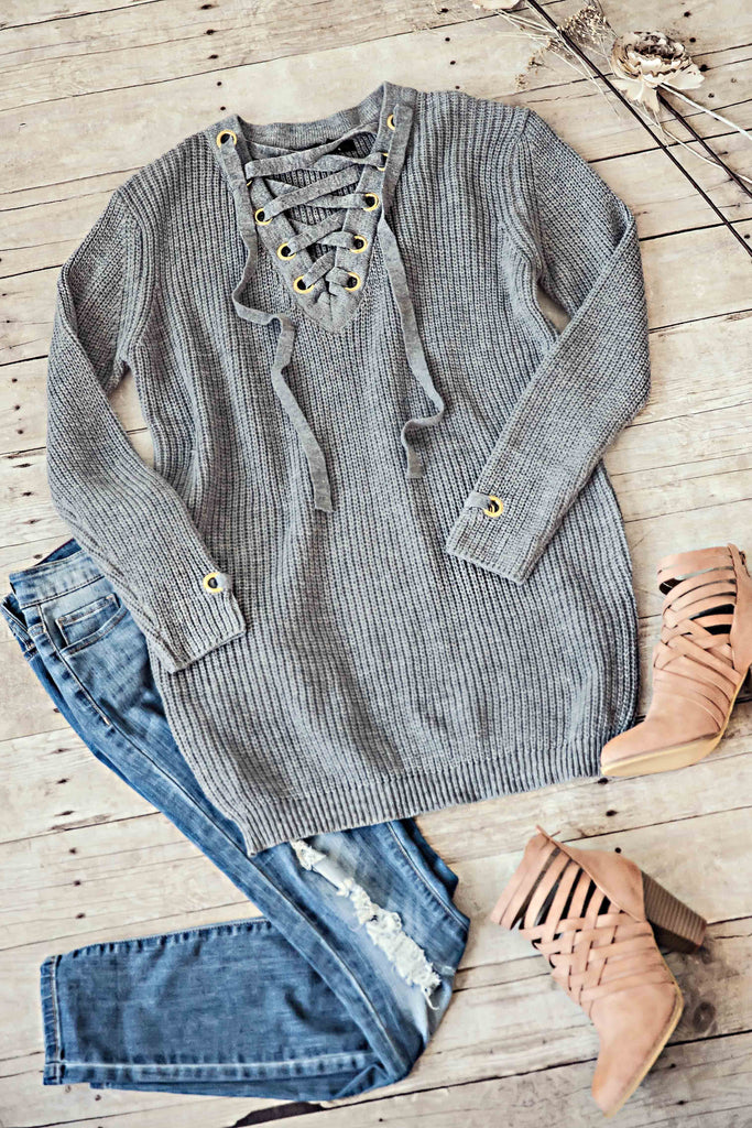 LACE-UP SWEATER -GREY