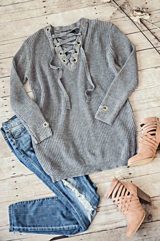 LACE-UP SWEATER -GREY