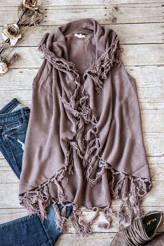 SOLID DRAPED FRINGE TRIM VEST-MOCHA