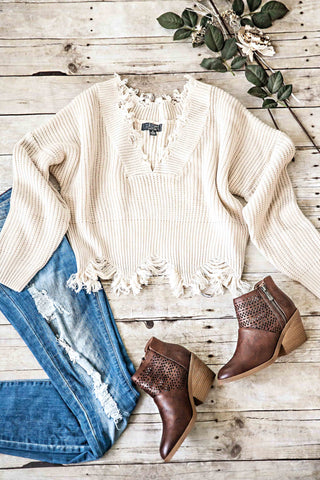DEEP V-NECK DISTRESSED SWEATER TOP-NATURAL