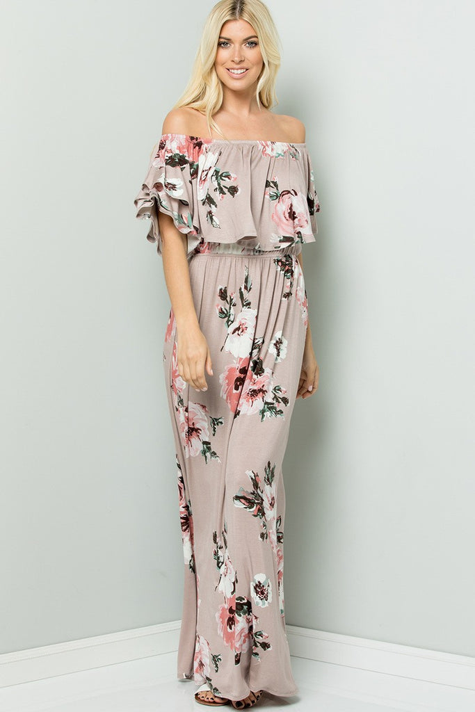 Floral Off The Shoulder Maxi Dress-Mauve