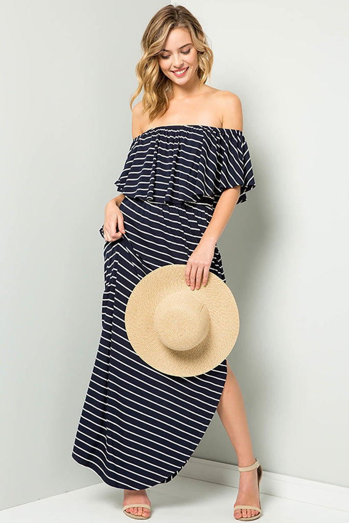 Off The Shoulder Navy Striped Dress