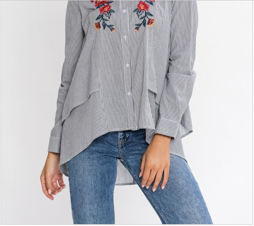 Embroidered Striped Button Up-Grey/Black