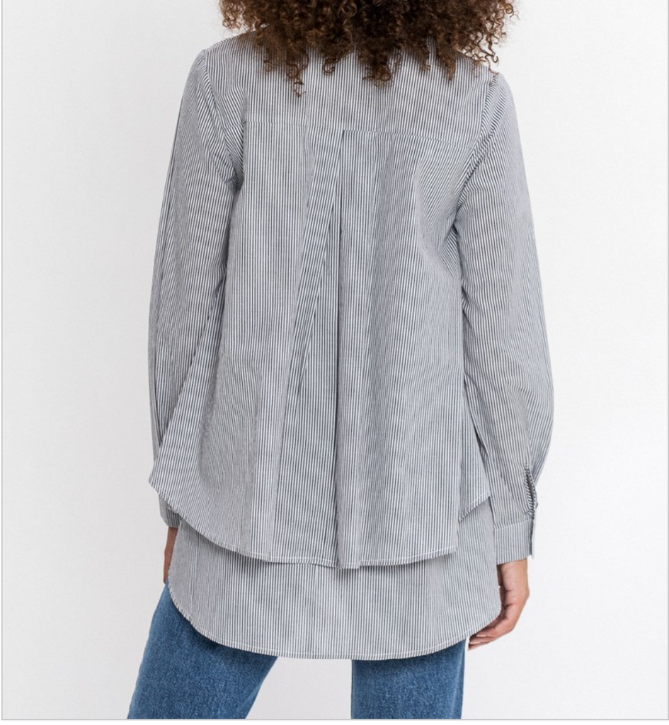 Embroidered Striped Button Up-Grey/Black