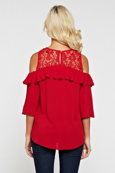 Cold Shoulder Crochet Details Top-Olive