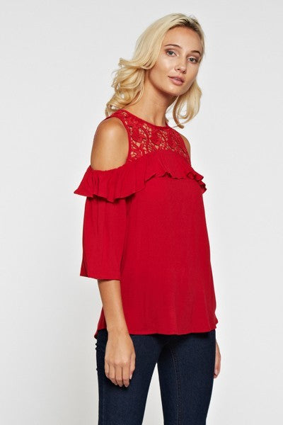 Cold Shoulder Crochet Details Top-Olive