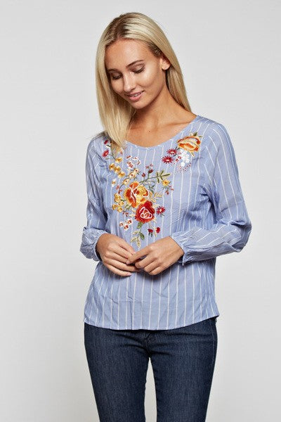 STRIPED EMBROIDERED TOP-BLUE