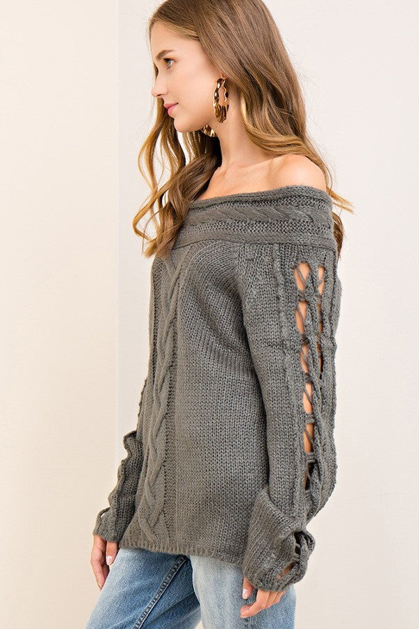 Off-Shoulder Cable Knit Sweater