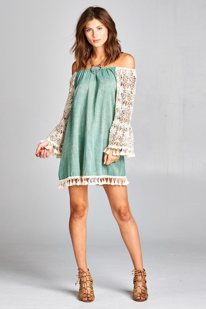 Marbella Off The Shoulder Crochet Sleeves Dress-Green